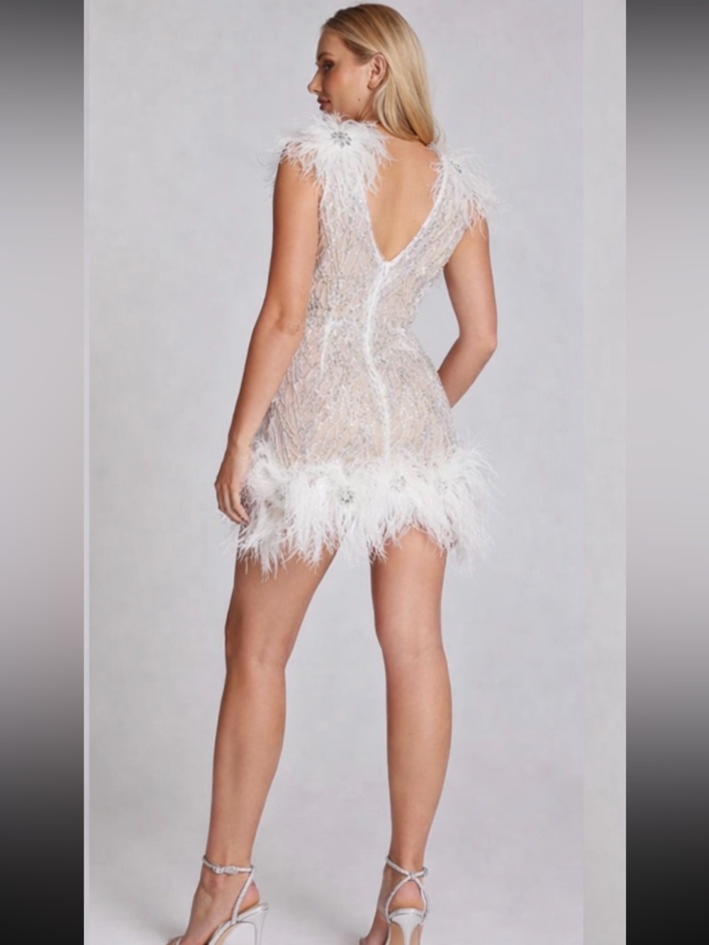 NADINE MERABI  Mila White Feather Sequin Ivory Mini Dress with Nude Slip Sz S - Picture 6 of 17